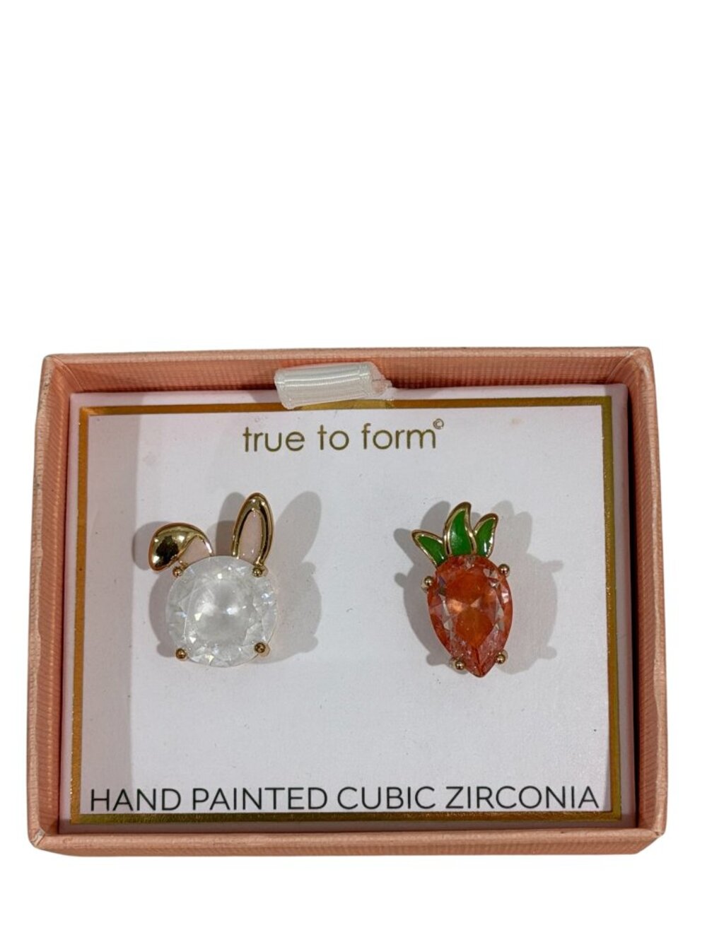 True to Form Easter Bunny and Carrot Mismatch Stud Earrings Cubic Zirconia CZ